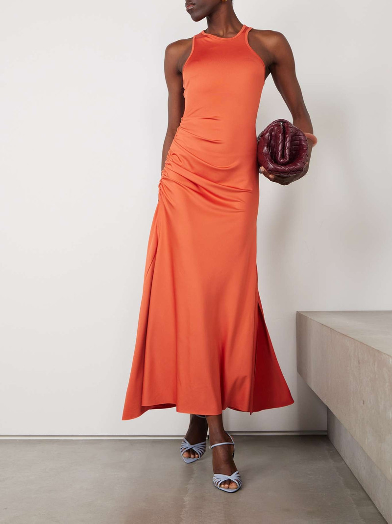 Victoria Beckham Asymmetric ruched satin-jersey midi dress Papaya outlook