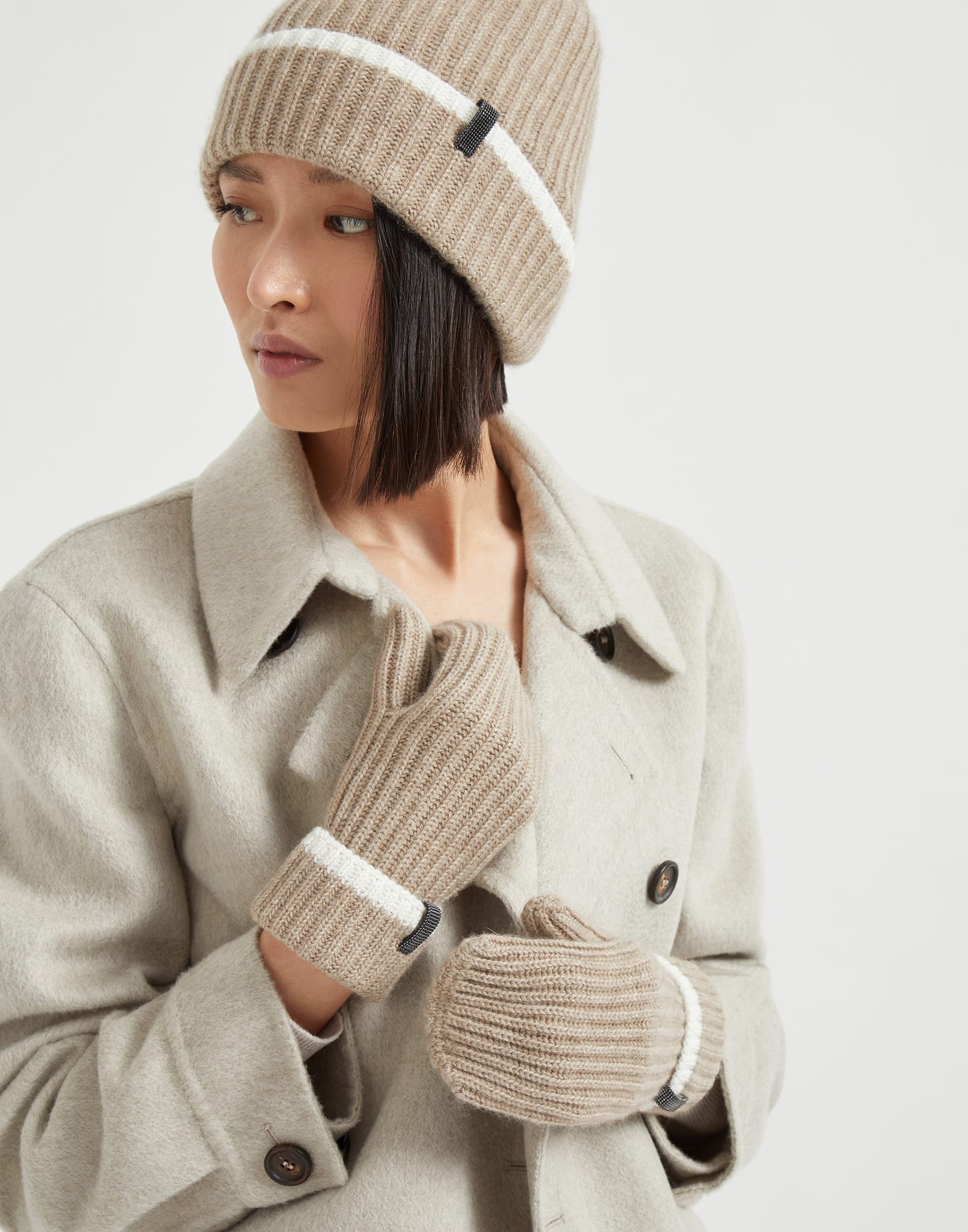 Cashmere English rib knit mittens with monili - 3