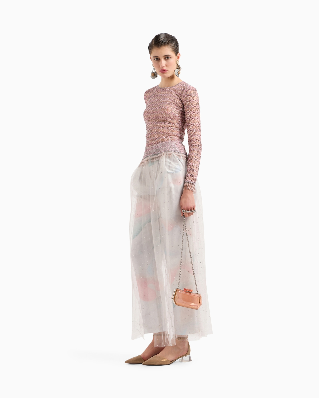 Crew-neck jumper in tulle with crystal embroidery - 2
