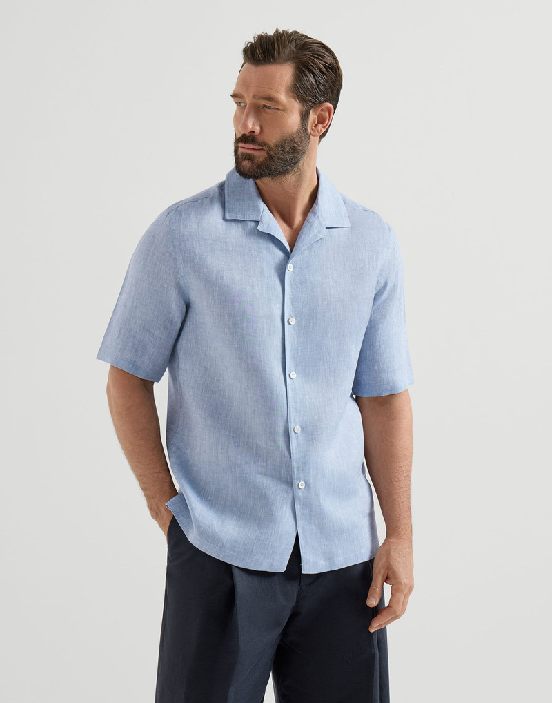 Linen easy fit short sleeve shirt with camp collar 4