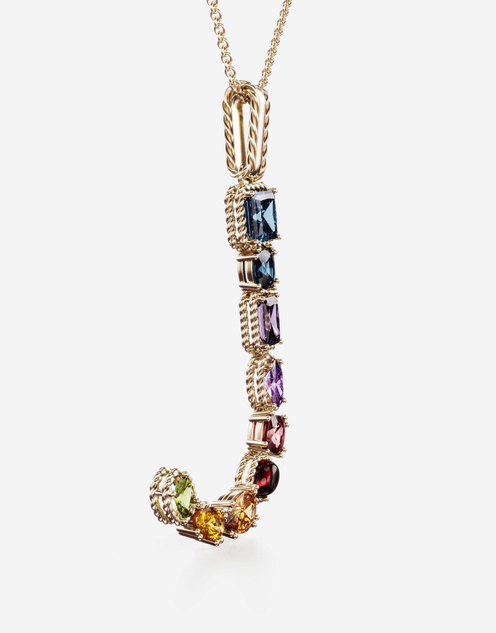 Rainbow alphabet J pendant in yellow gold with multicolor fine gems - 3