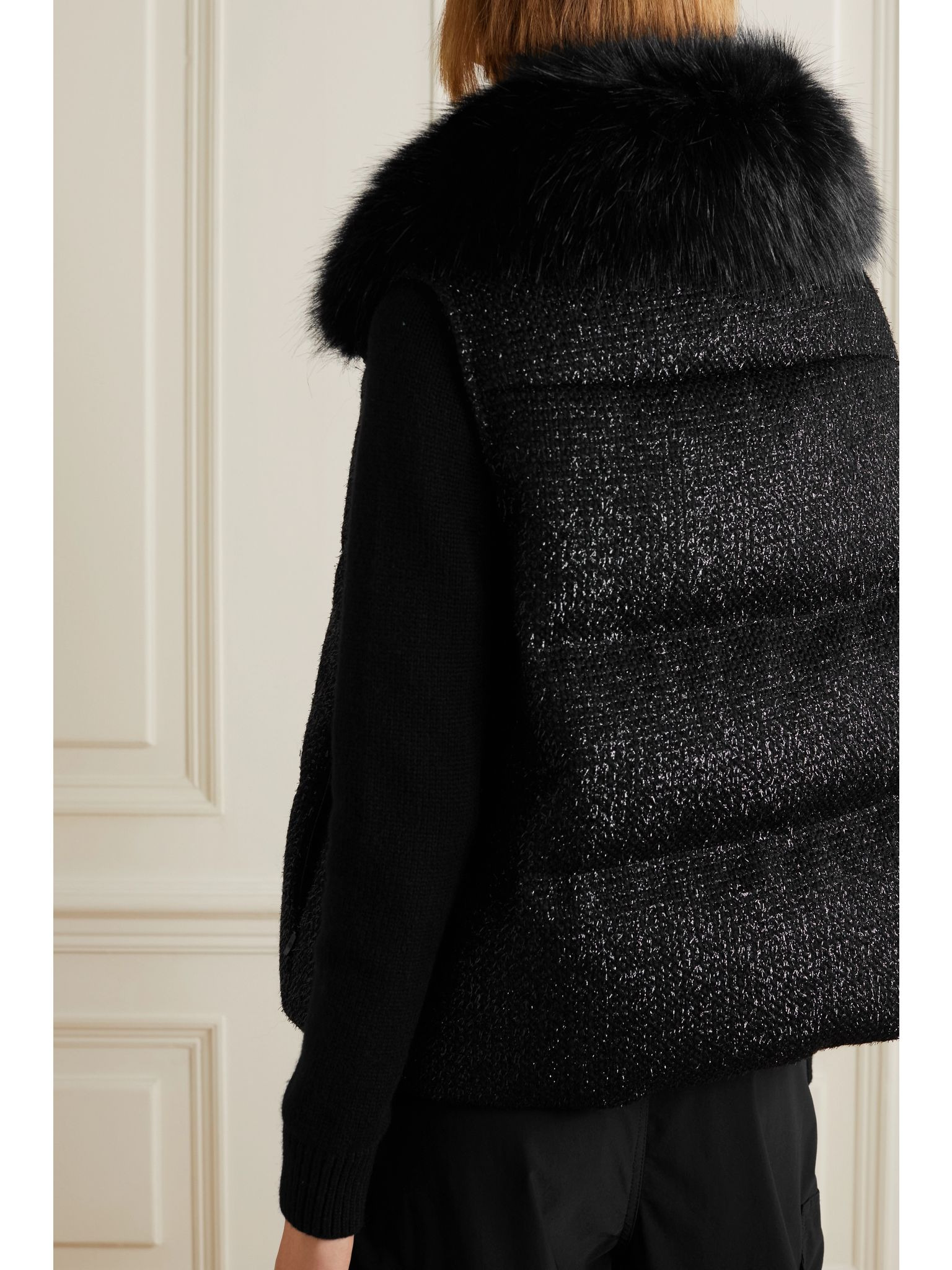 Carrelet faux fur-trimmed quilted metallic wool-blend tweed down vest Black - 4