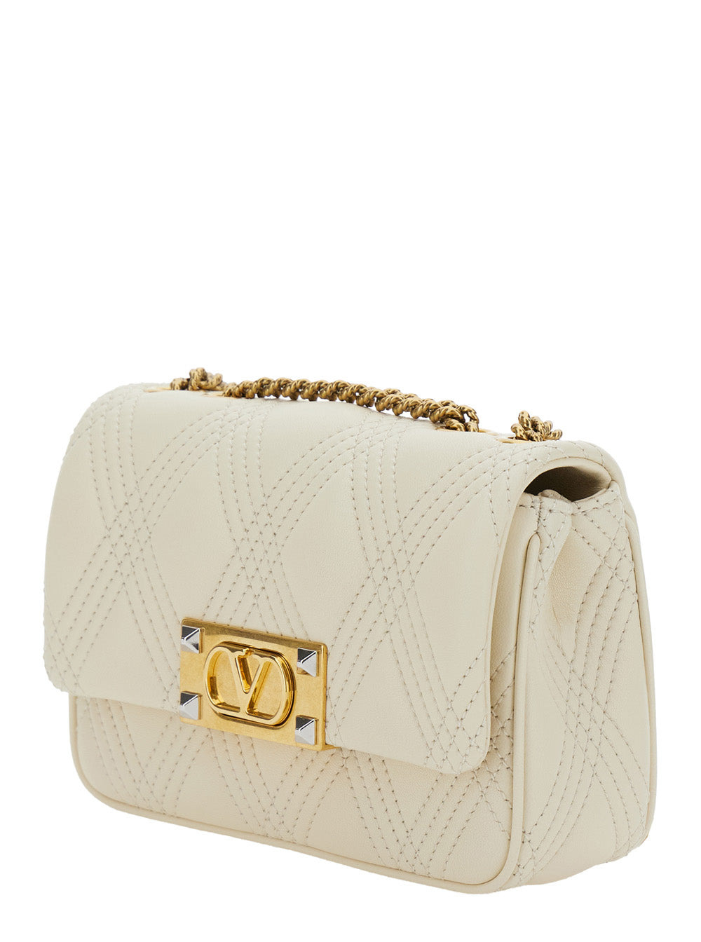 Valentino Garavani Women 'Quiltie 67' White Crossbody Bag With Vlogo Plaque On The Front And Diamond - 2