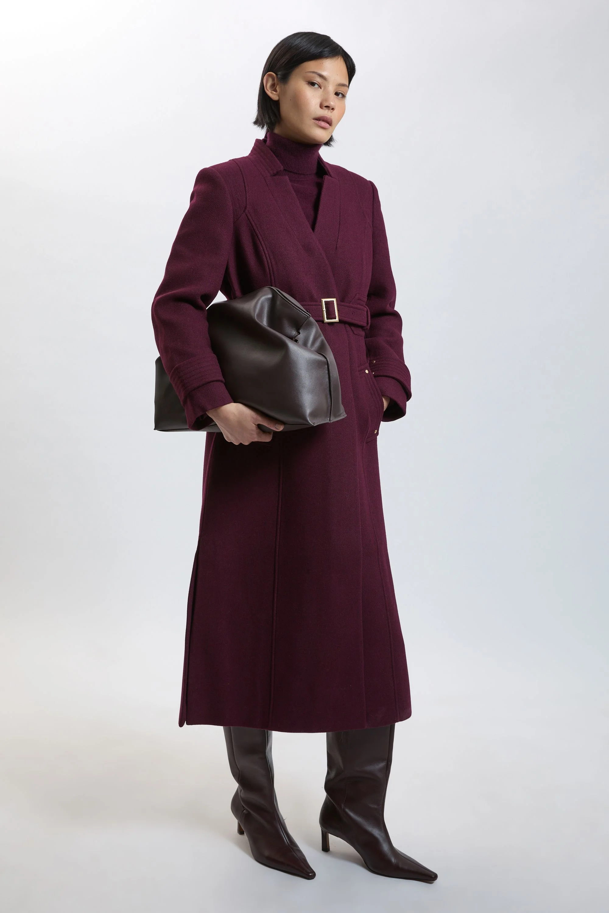 Petite Wool Investment Notch Neck Belted Detail Tailored Maxi Coat - 1