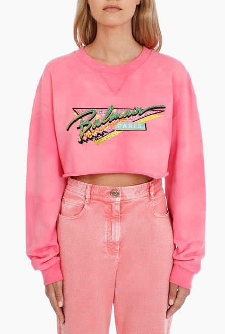Cropped pink cotton sweatshirt with embroidered Balmain logo - 5