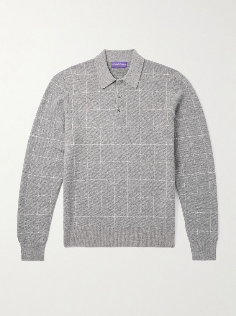 Checked Cashmere Polo Shirt Gray 1