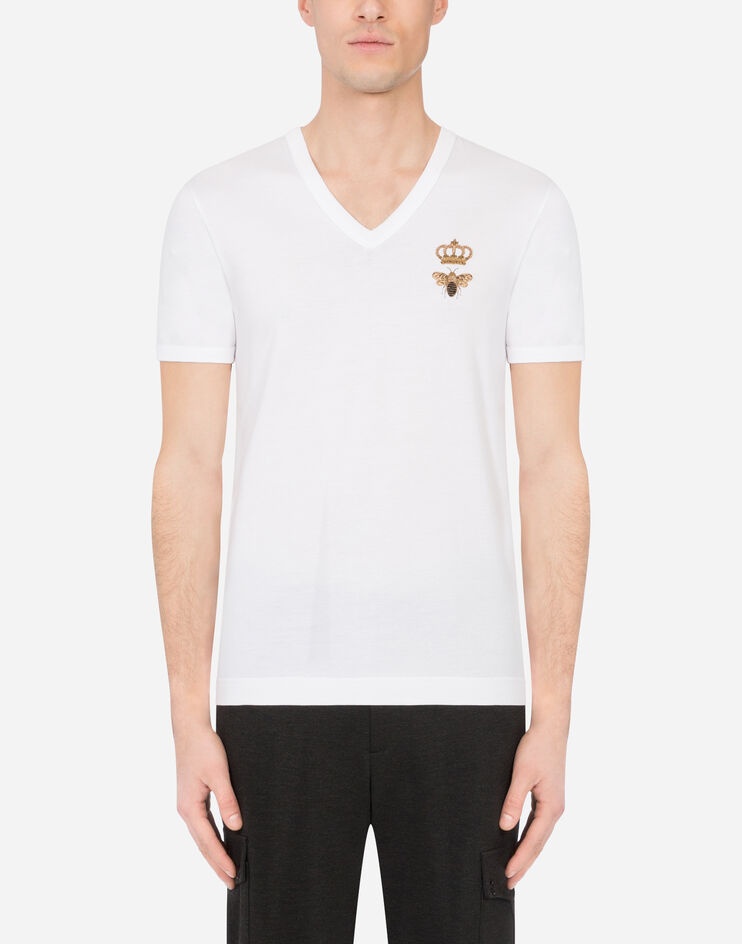 V-neck cotton t-shirt with bee and crown embroidery - 1