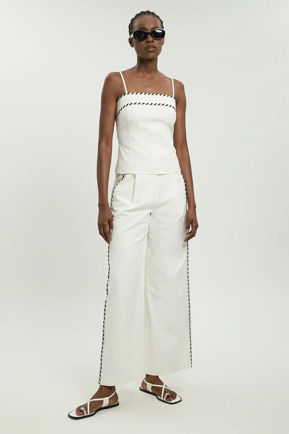 Petite Tailored Linen Blend Contrast Stitch Straight Leg Trouser - 1
