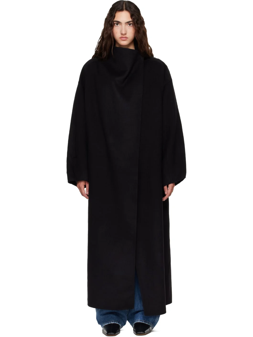 Black Leroy Funnel Neck Wool Coat - 1