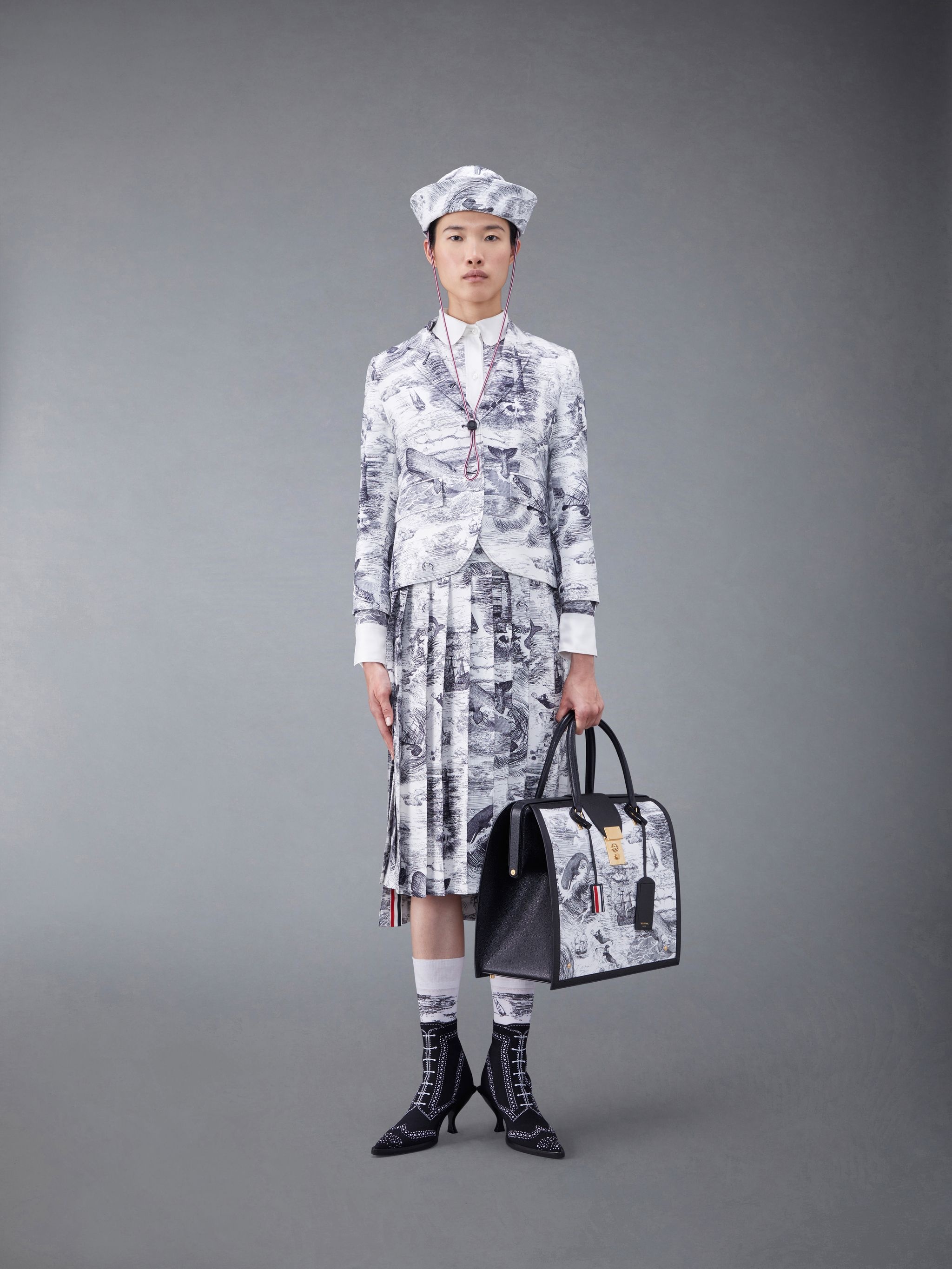 Nautical Silk Twill Toile Pleated Bottom Round Collar Shirtdress - 4