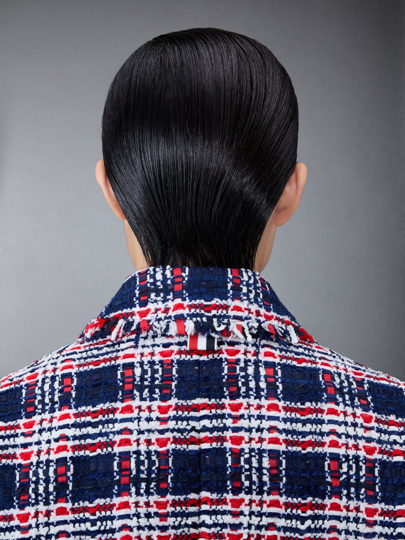 Prince of Wales Check Frayed Chenille Tweed Elongated Bal Collar Coat 4