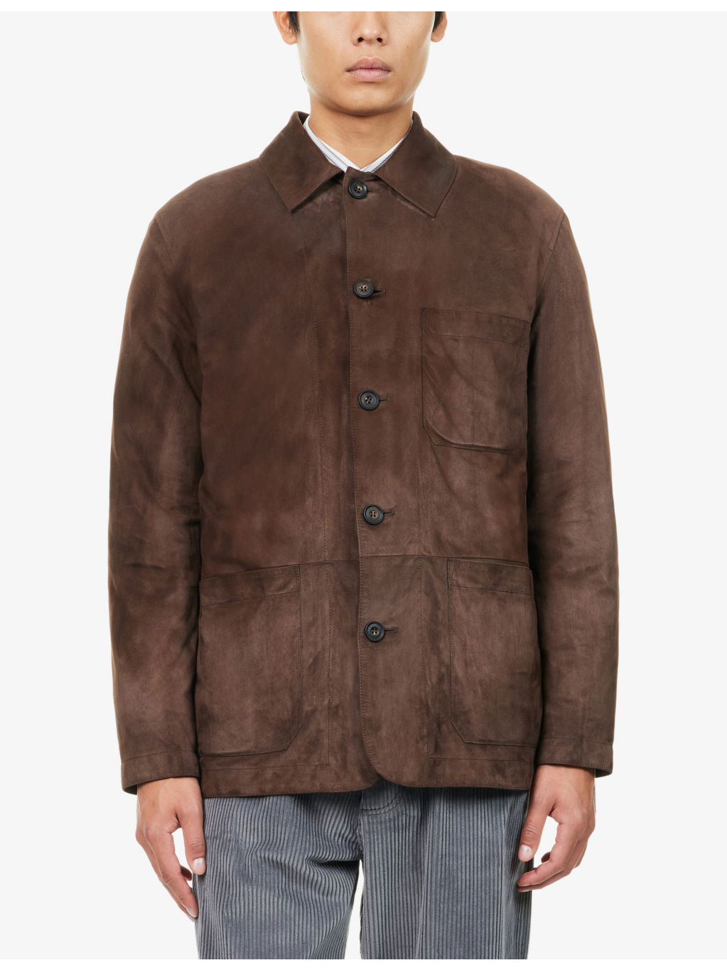 Patch-Pocket Long-Sleeve Suede Jacket - 3