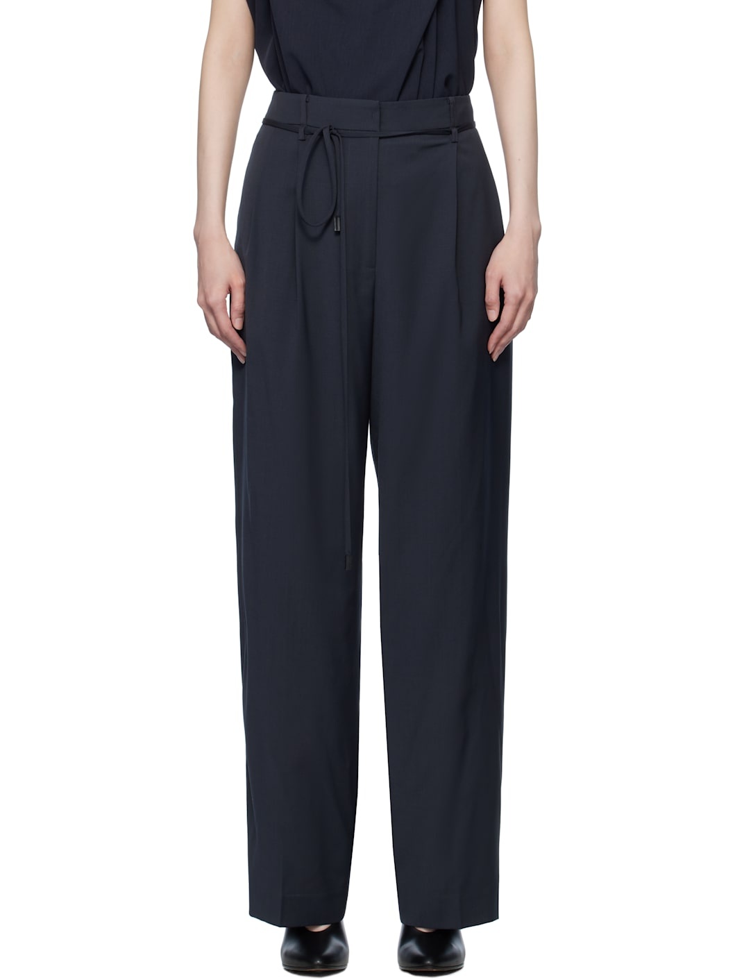 Navy Waist String Tuck Trousers - 1