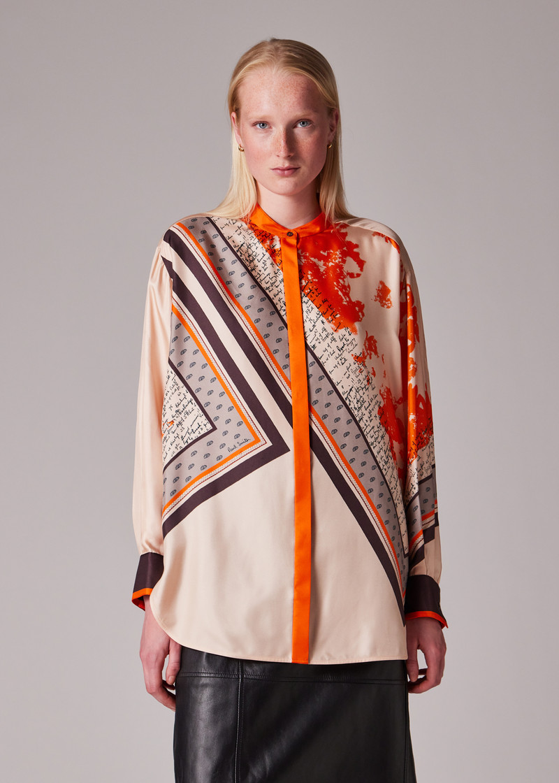 Women's Orange 'Travel Scarf' Silk Shirt 10