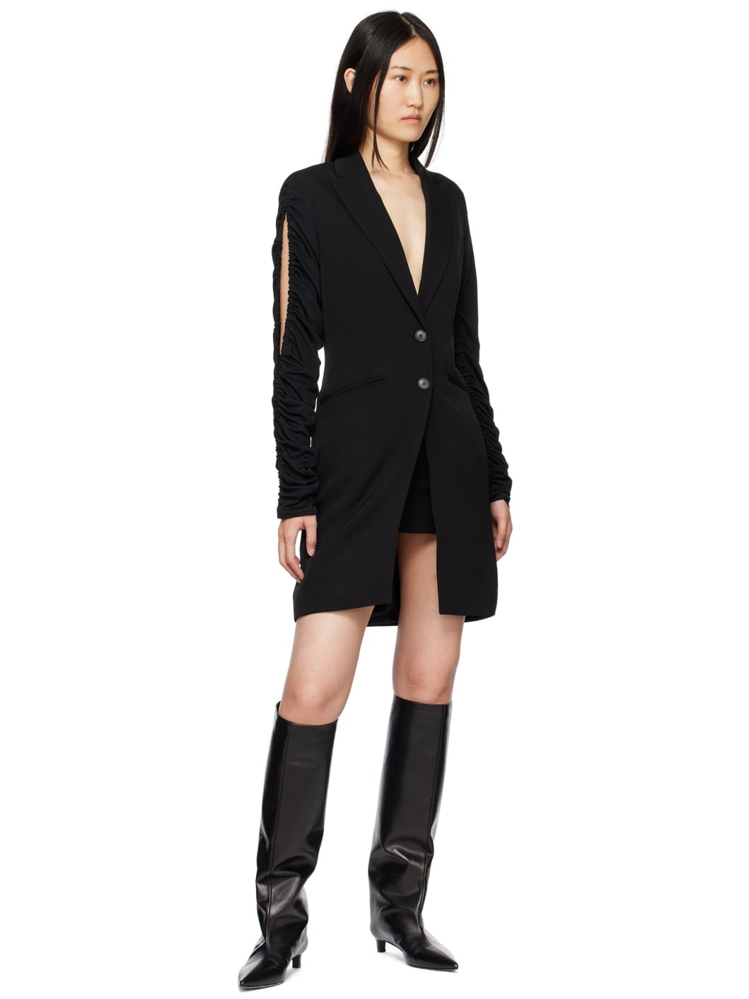 Black Ruched Sleeve Coat - 4