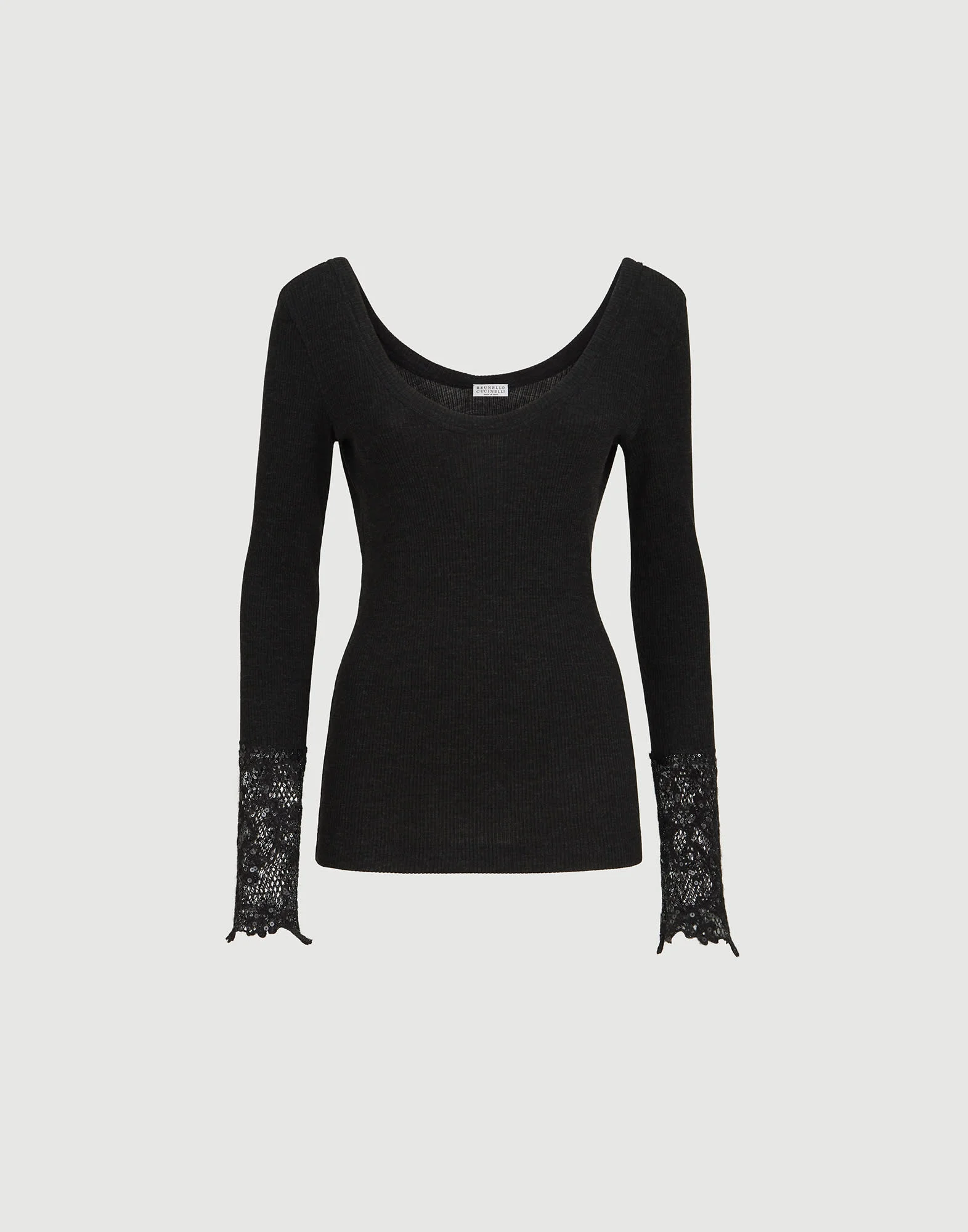 Ribbed wool jersey sweater with dazzling lace embroidery cuffs - 1
