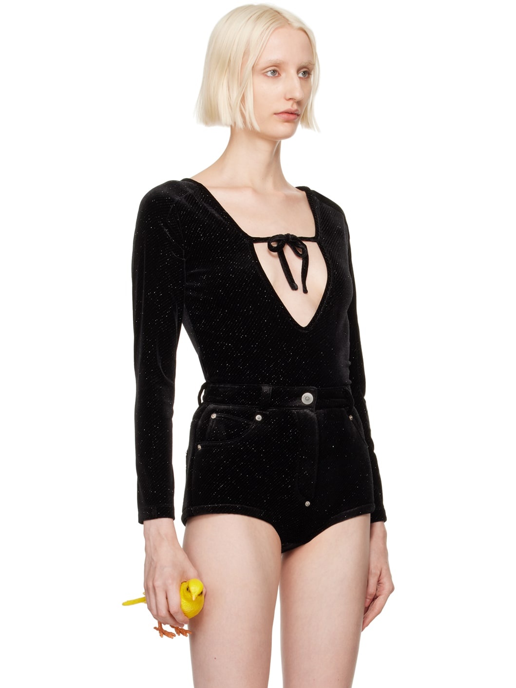 Black Front Self Tie Bodysuit - 2