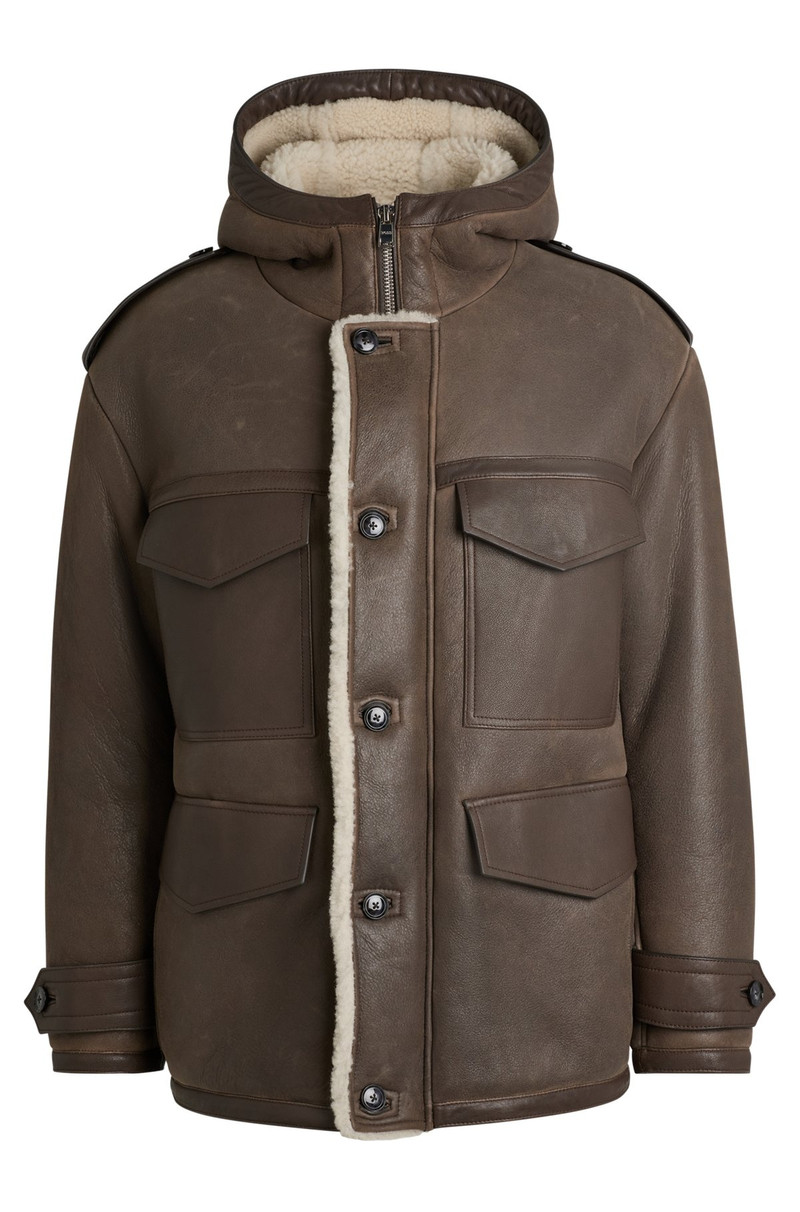 REGULAR-FIT HOODED COAT IN SHEEPSKIN WITH PATCH POCKETS 1