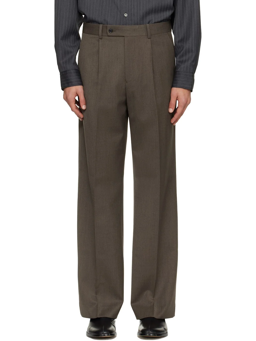 Taupe Melange Wool Wide-Leg Pleated Trousers - 1