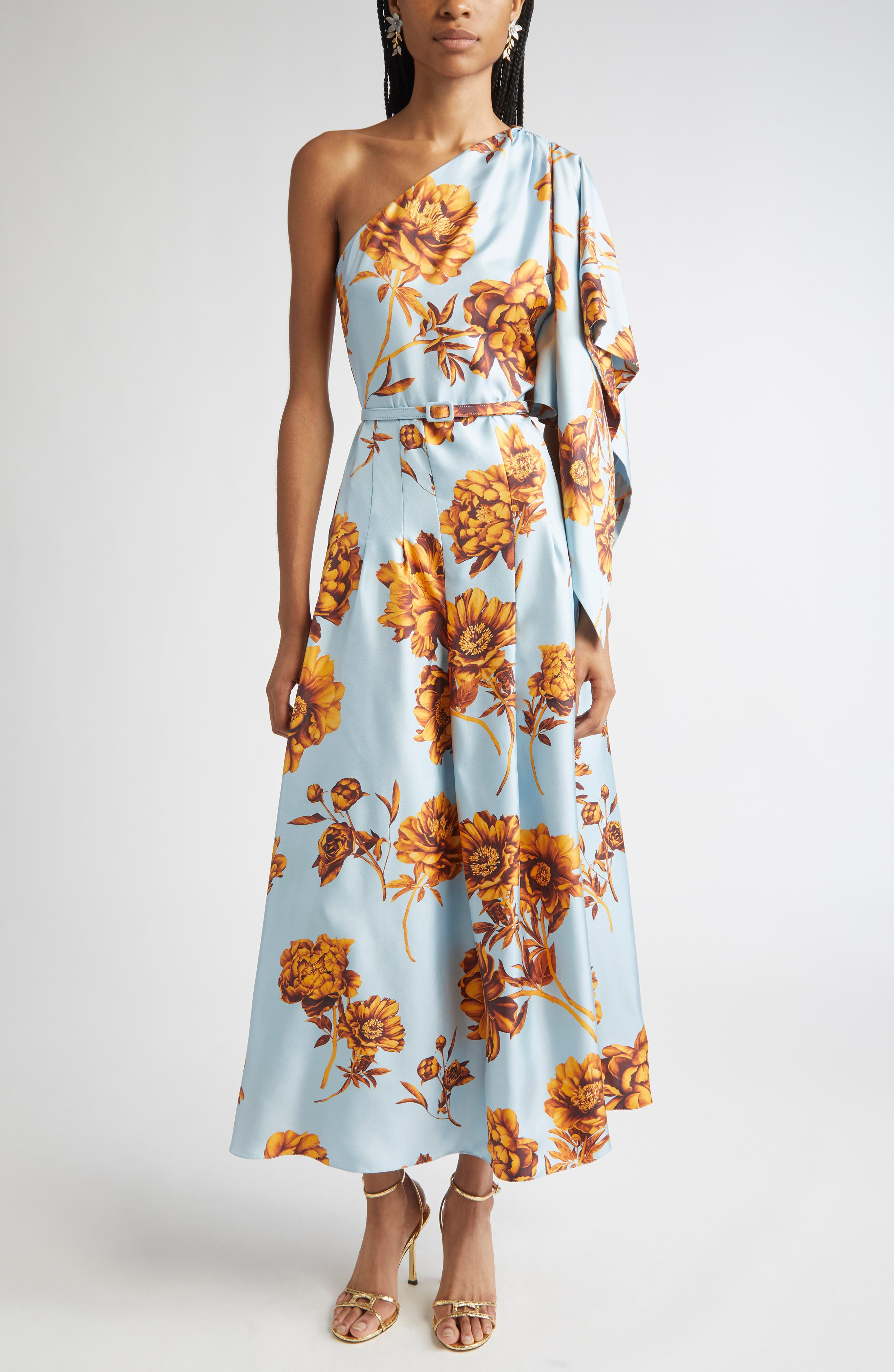 Oscar de la Renta Peony One-Shoulder Silk Twill Midi Dress in Brown/ice Blue at Nordstrom - 1