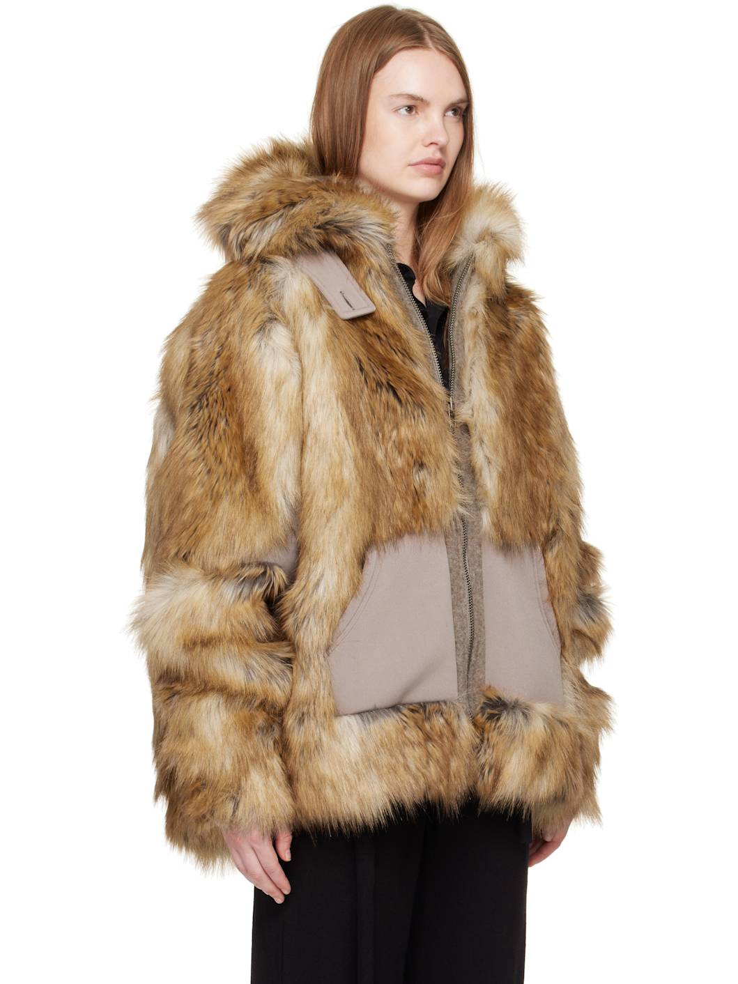 Tan Oversized Furry Multiline Jacket - 2