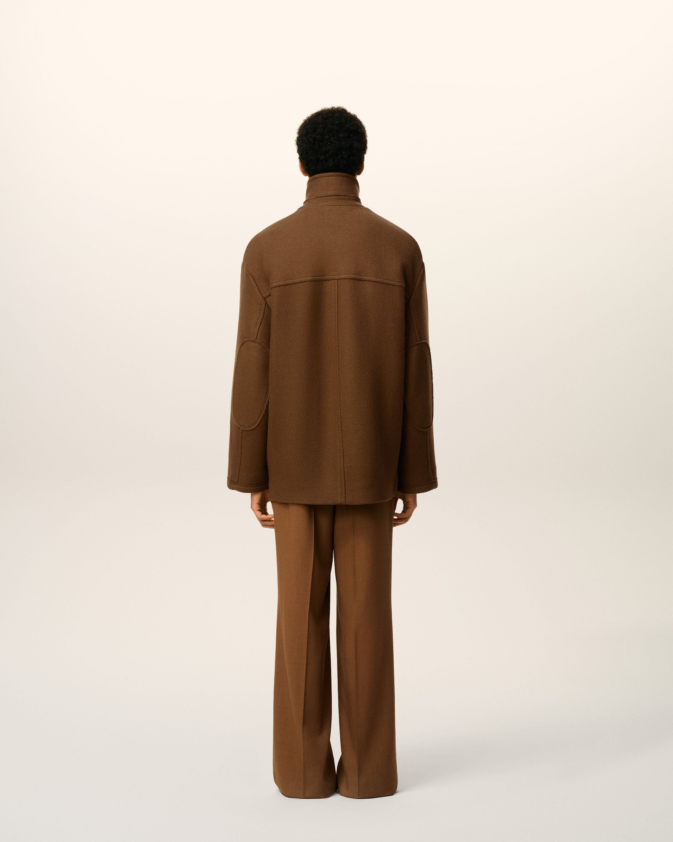 BROWN WOOL OVERSIZED HIGH COLLAR PEA COAT - 5