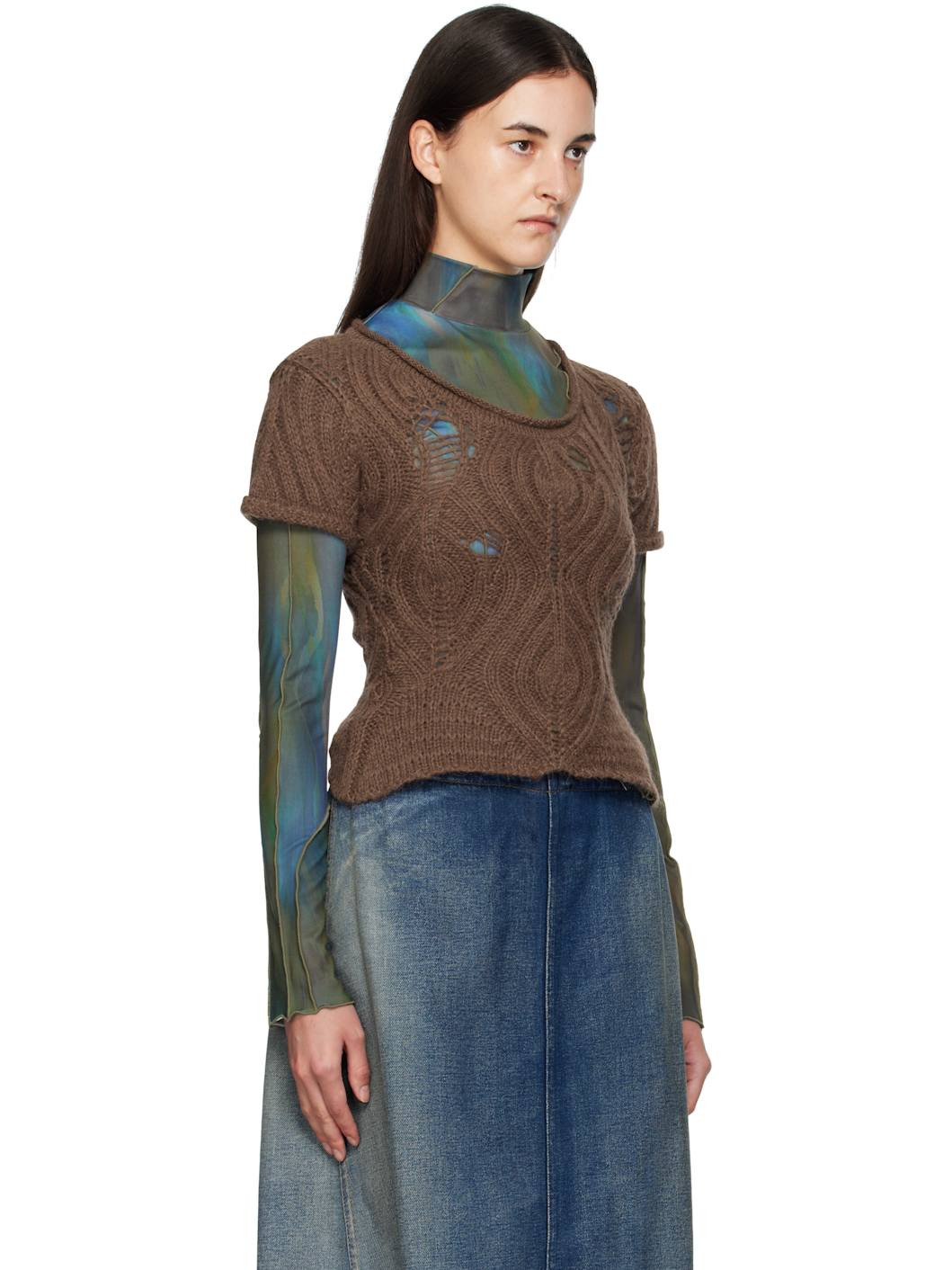 Brown & Green Cap Sleeve Sweater Layered T-shirt - 2