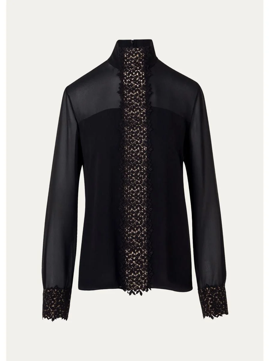 Mock-Neck Lace Inset Long-Sleeve Blouse - 1