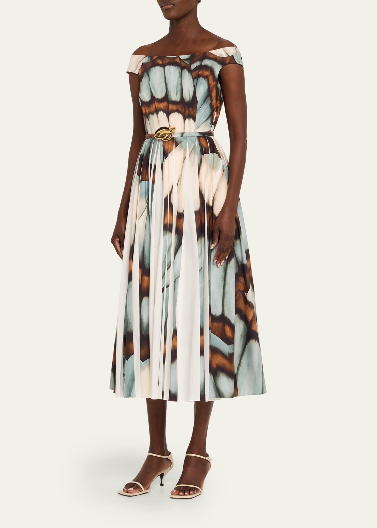 Off-The-Shoulder Butterfly Poplin Pleated Midi Dress With Belt - 4