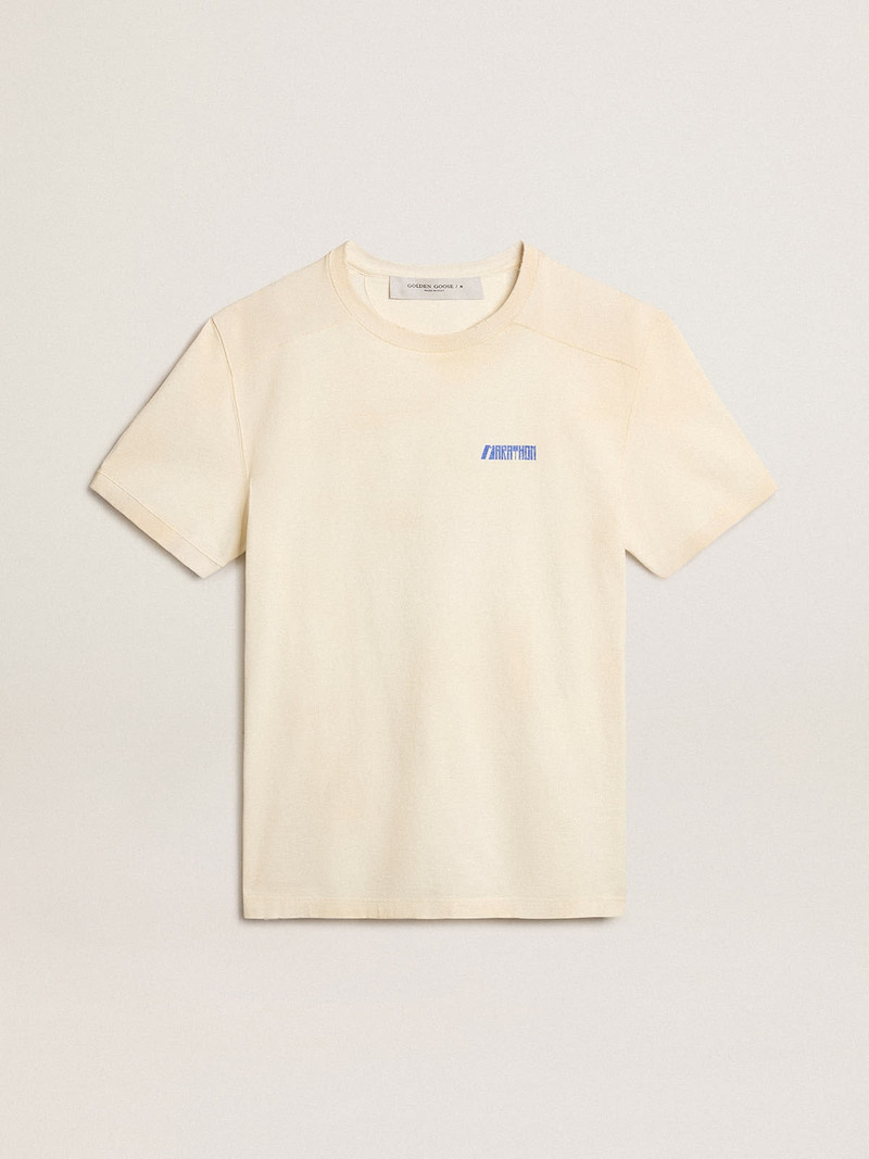 Aged white cotton T-shirt with blue Marathon logo 1