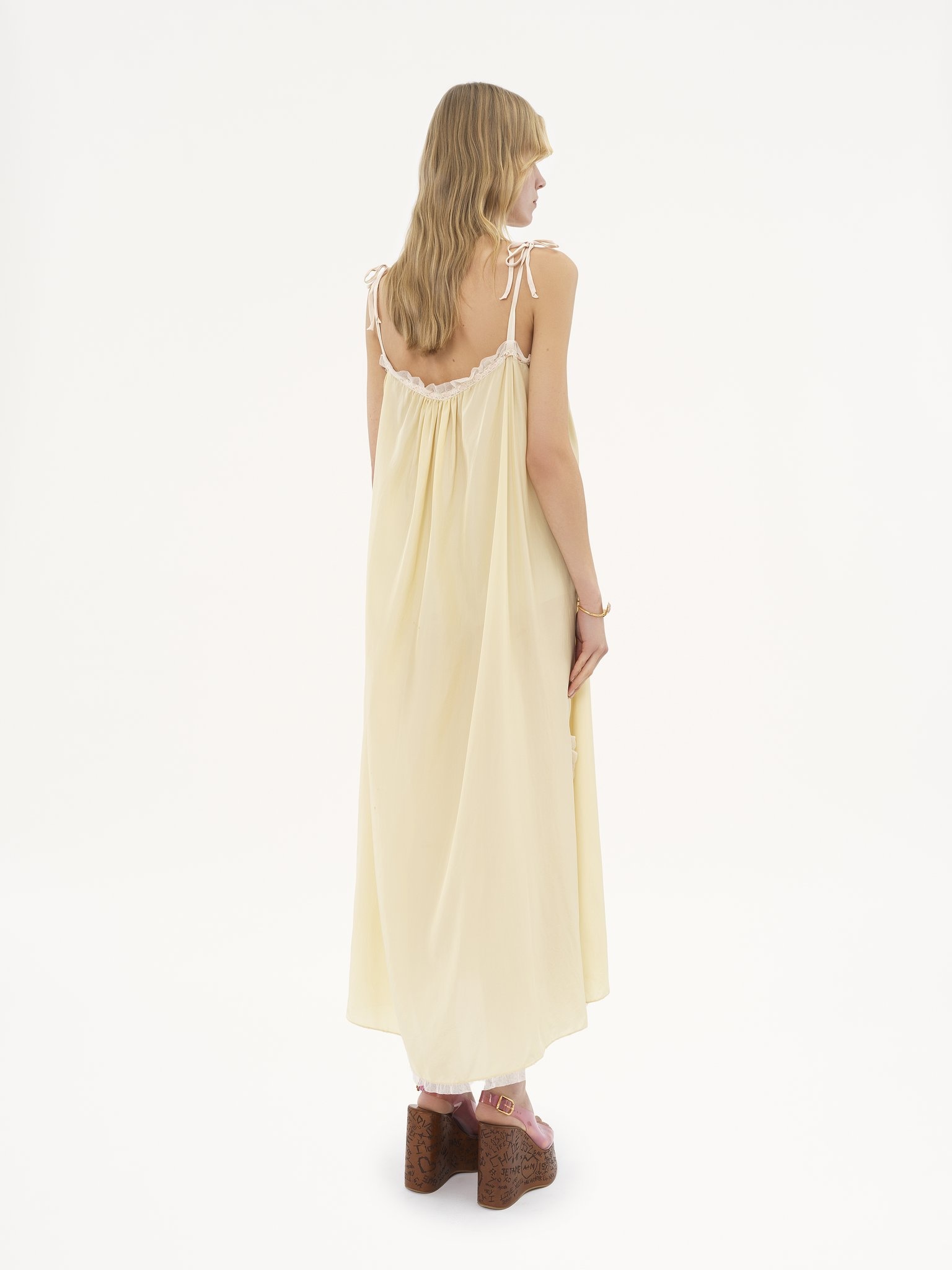 RUFFLED LONG DRESS IN SILK HABOTAI & LACE - 5