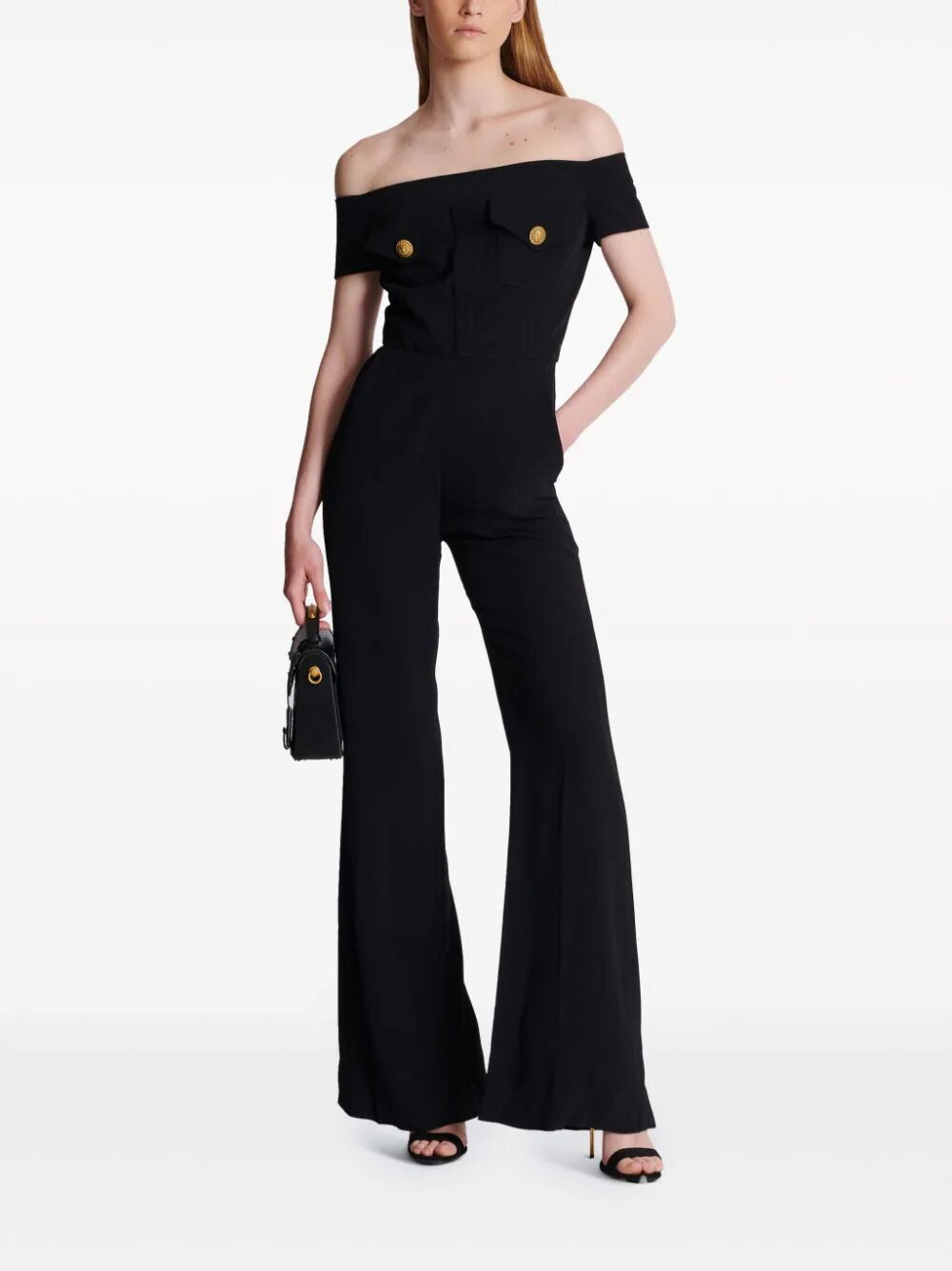 Balmain Women Off-Shoulders Flare Crepe Jumpsuit - 5