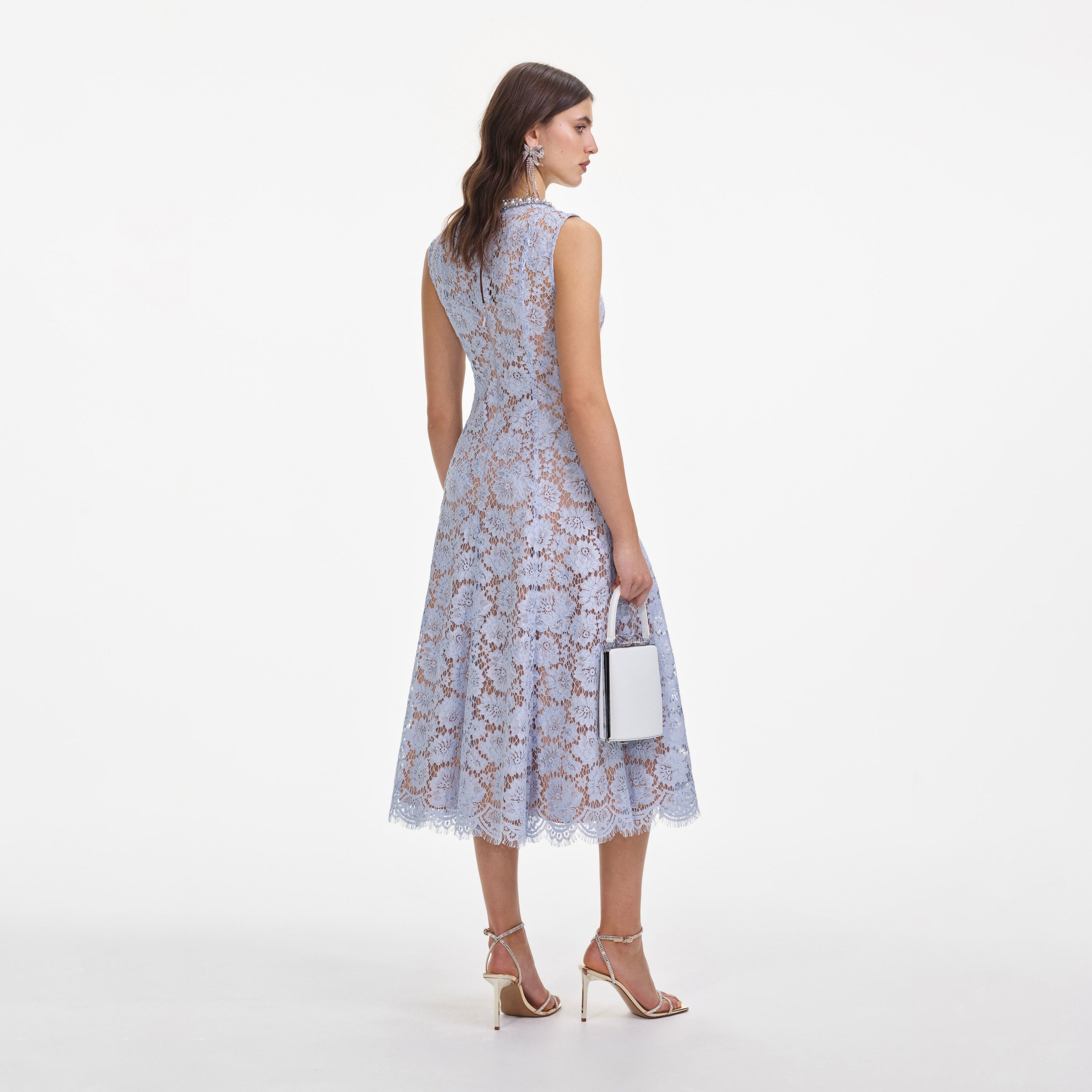 Blue Fine Lace Pearl Midi Dress - 3