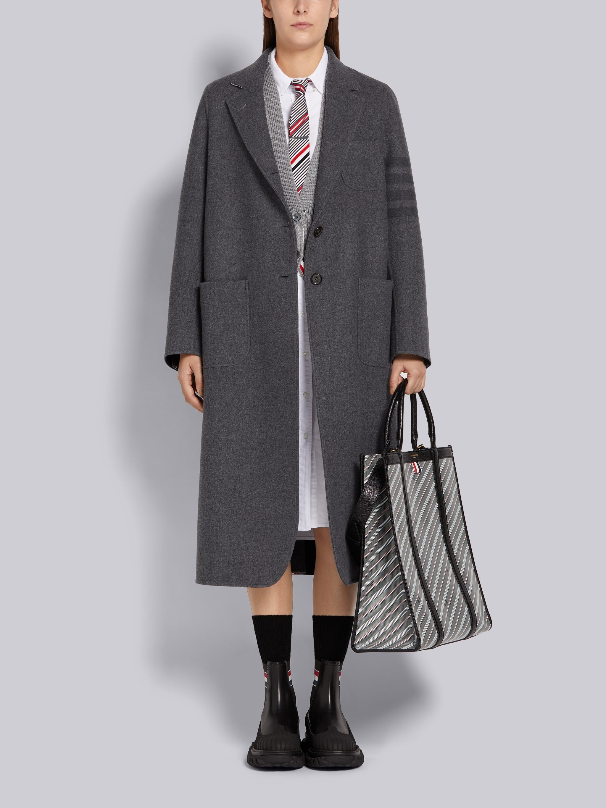 Medium Grey Double Face Melton Engineered 4-Bar Unconstructed Elongated Sack Overcoat - 4