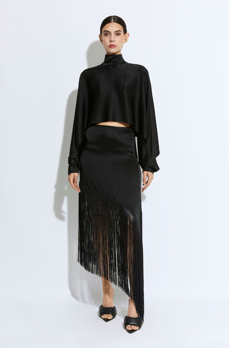 LAPOINTE Satin Asymmetric Fringe Skirt outlook