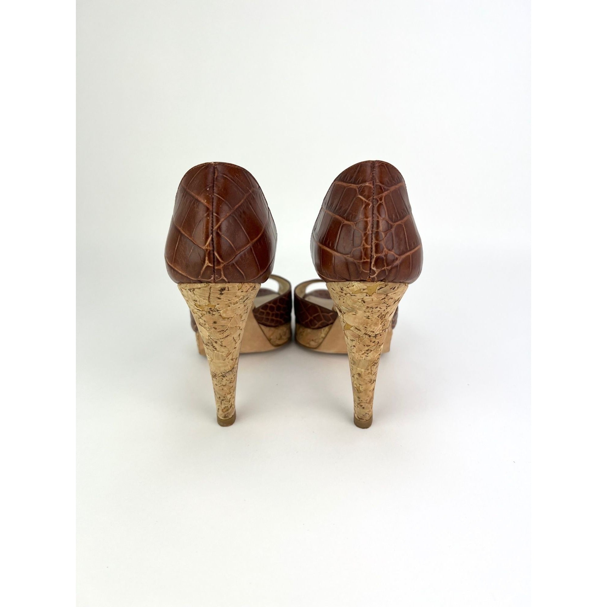 Oscar de la Renta Peep Toe Crocodile Cork Heel Shoe - 2
