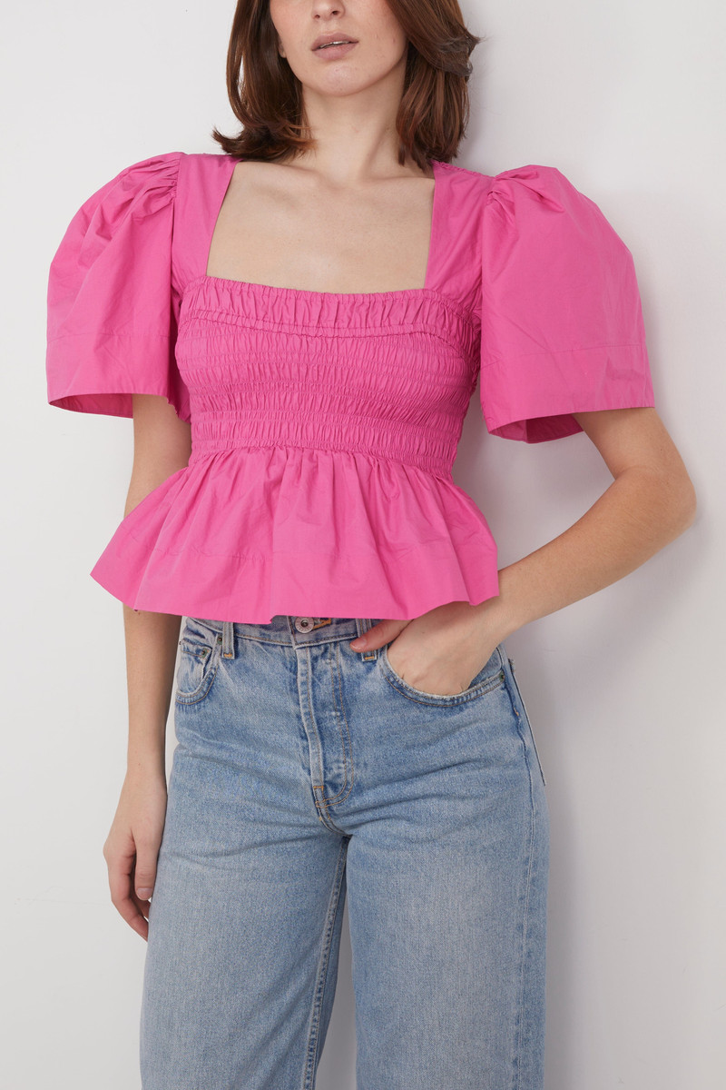 Cotton Poplin Open Neck Smock Blouse in Cone Flower 3