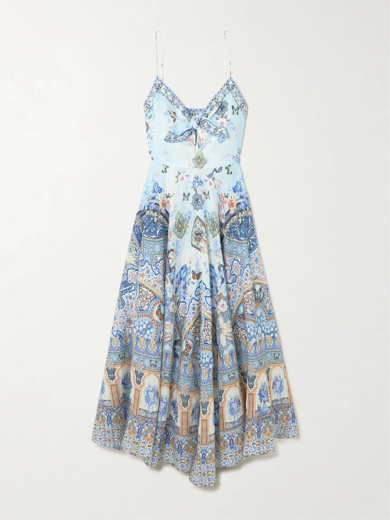 Tie-front Crystal-embellished Printed Linen Midi Dress - 1