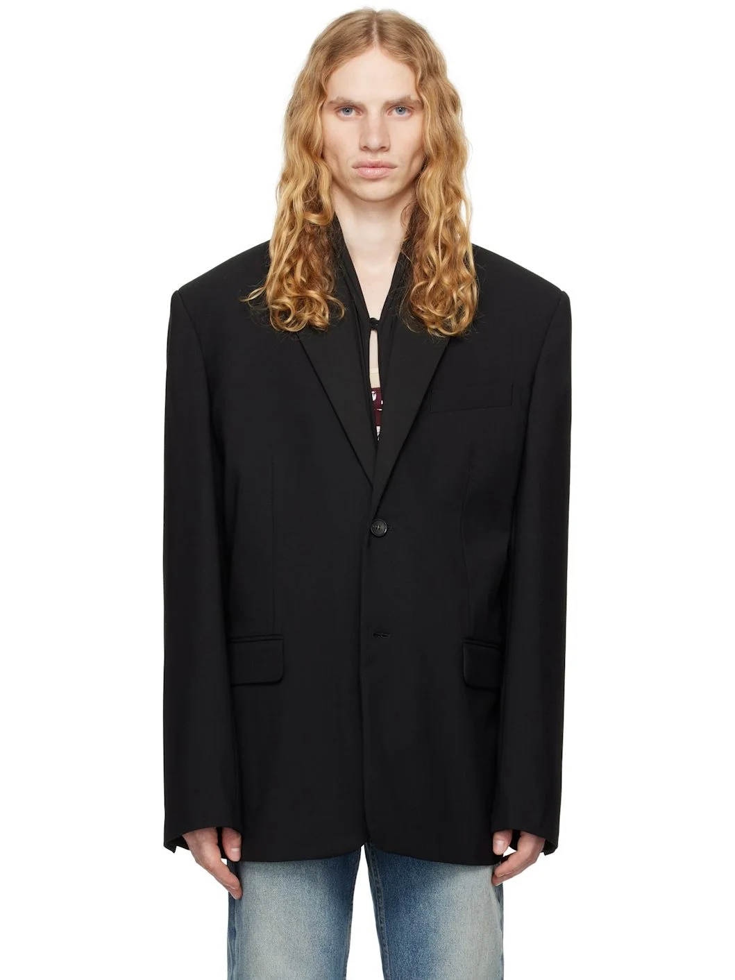 Black Draped Lapel Blazer - 1