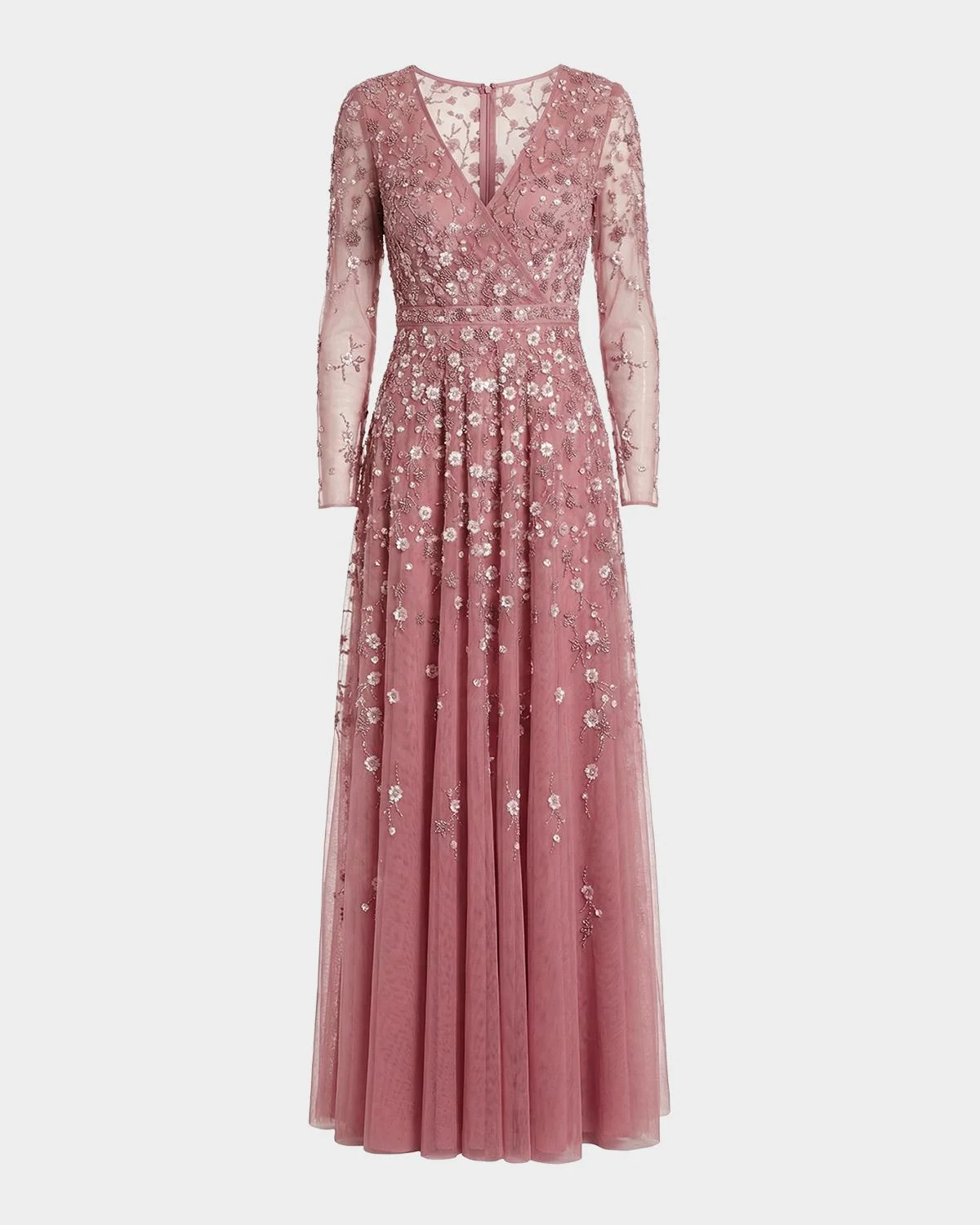 Floral-Embellished Long-Sleeve A-Line Gown - 1