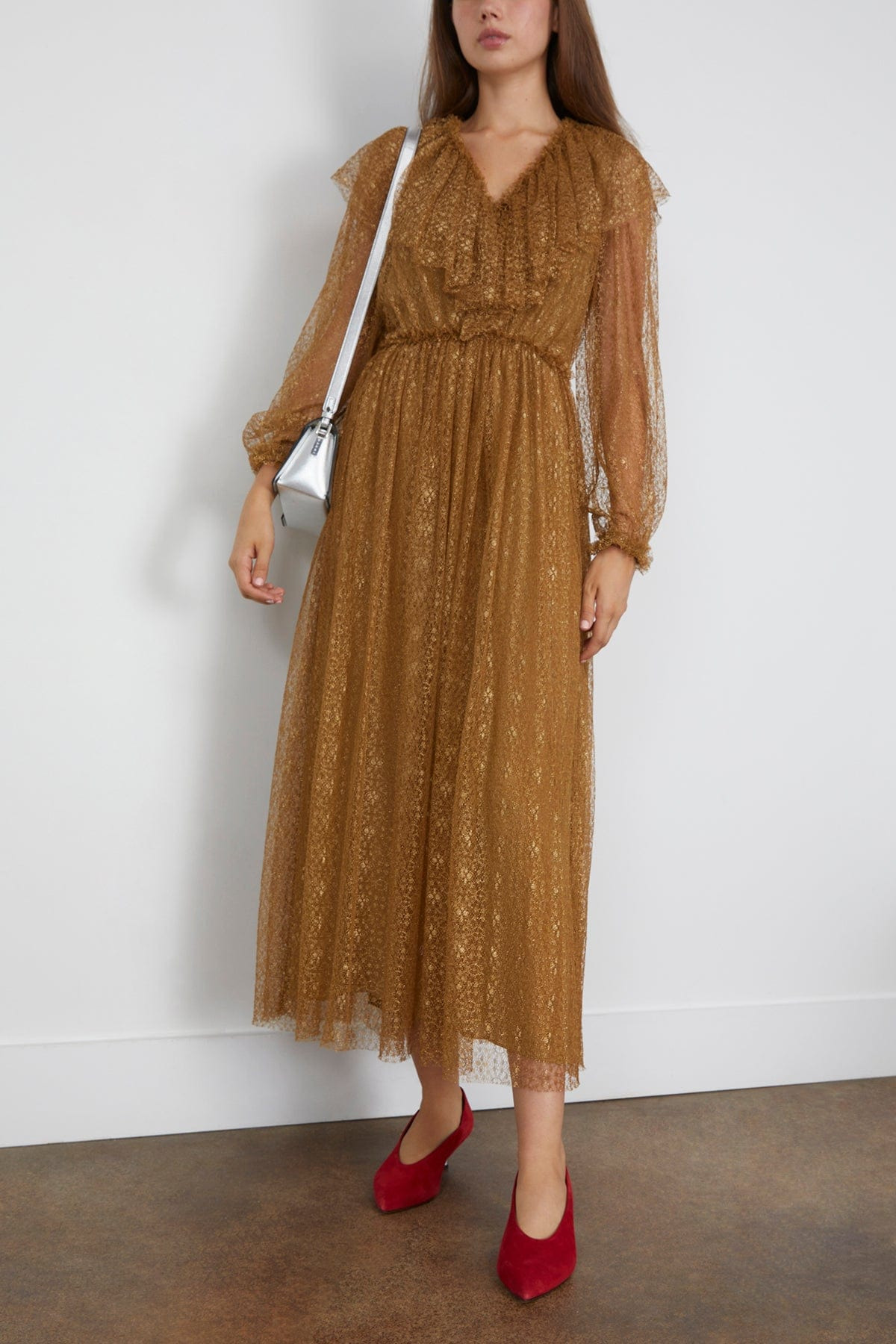 Helena Ruffle Neckline Long Sleeve Dress in Burnish - 2
