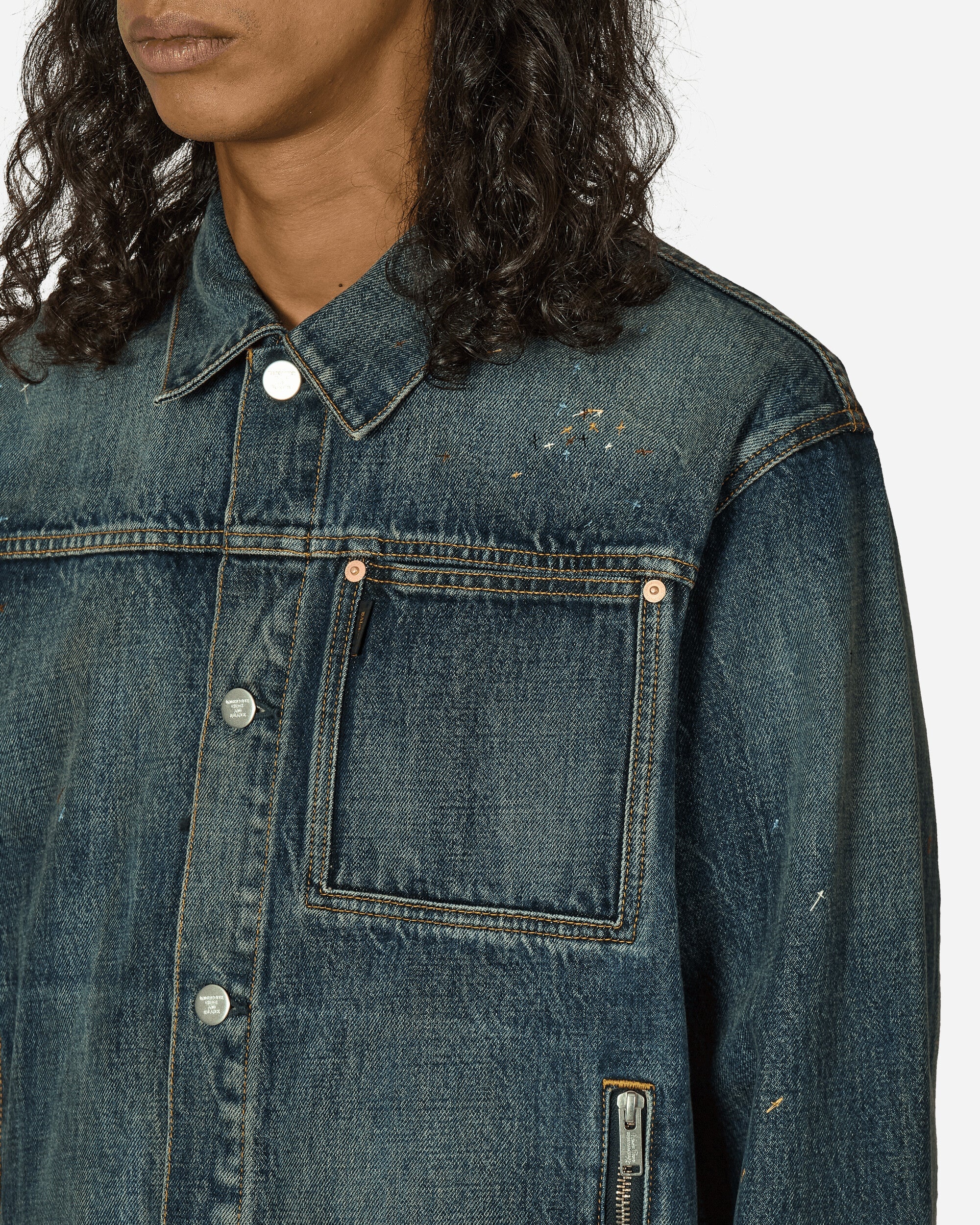 Cross Embroidery Distressed Denim Jacket Light Blue Indigo - 5