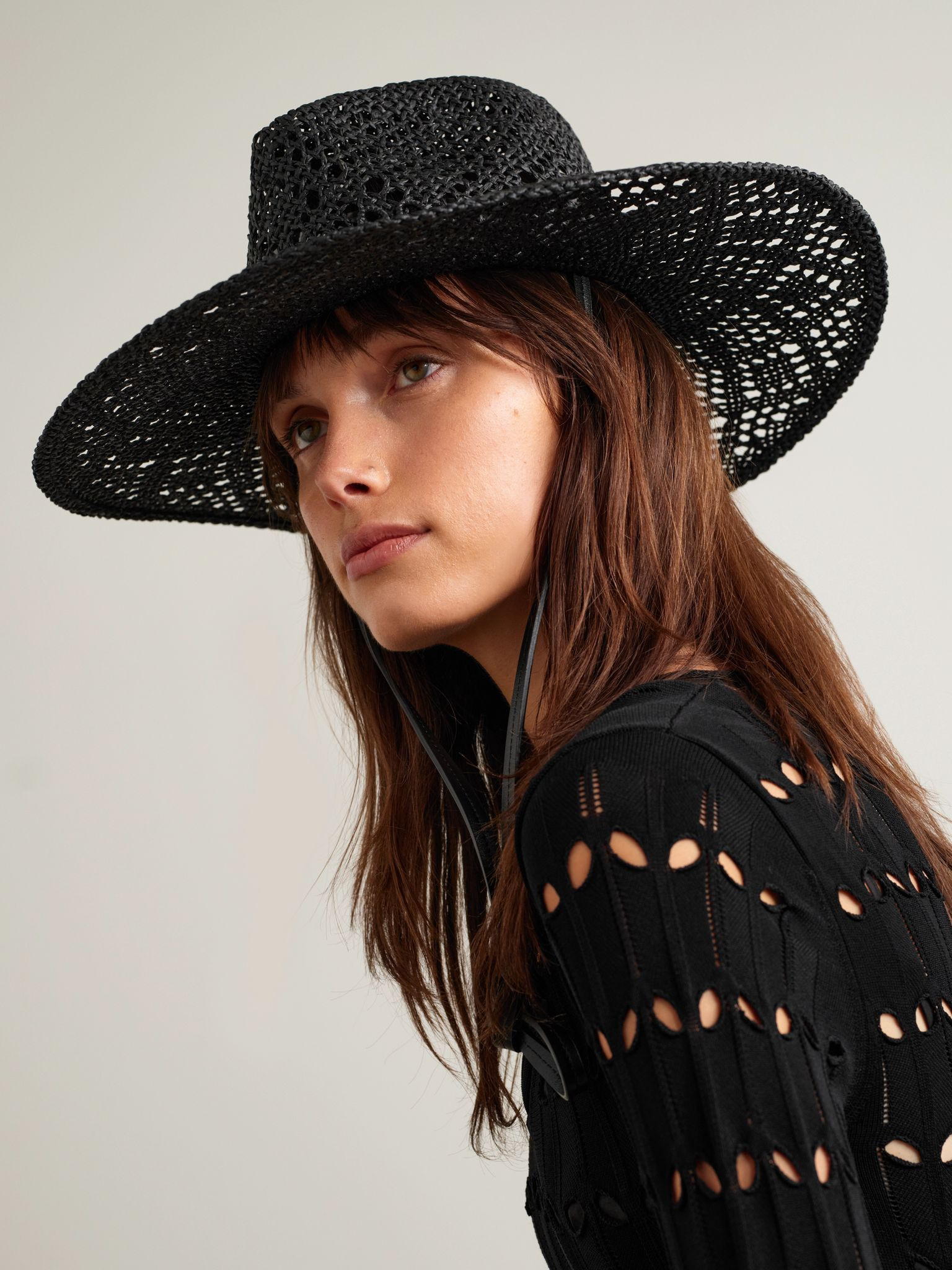 Embroidered leather-trimmed straw hat Black - 2