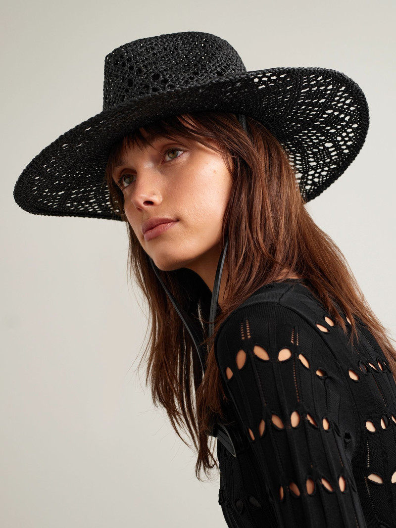 RUSLAN BAGINSKIY Embroidered leather-trimmed straw hat Black outlook