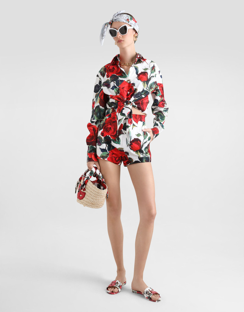 Dolce & Gabbana Cropped cotton pussy-bow shirt with rose print outlook