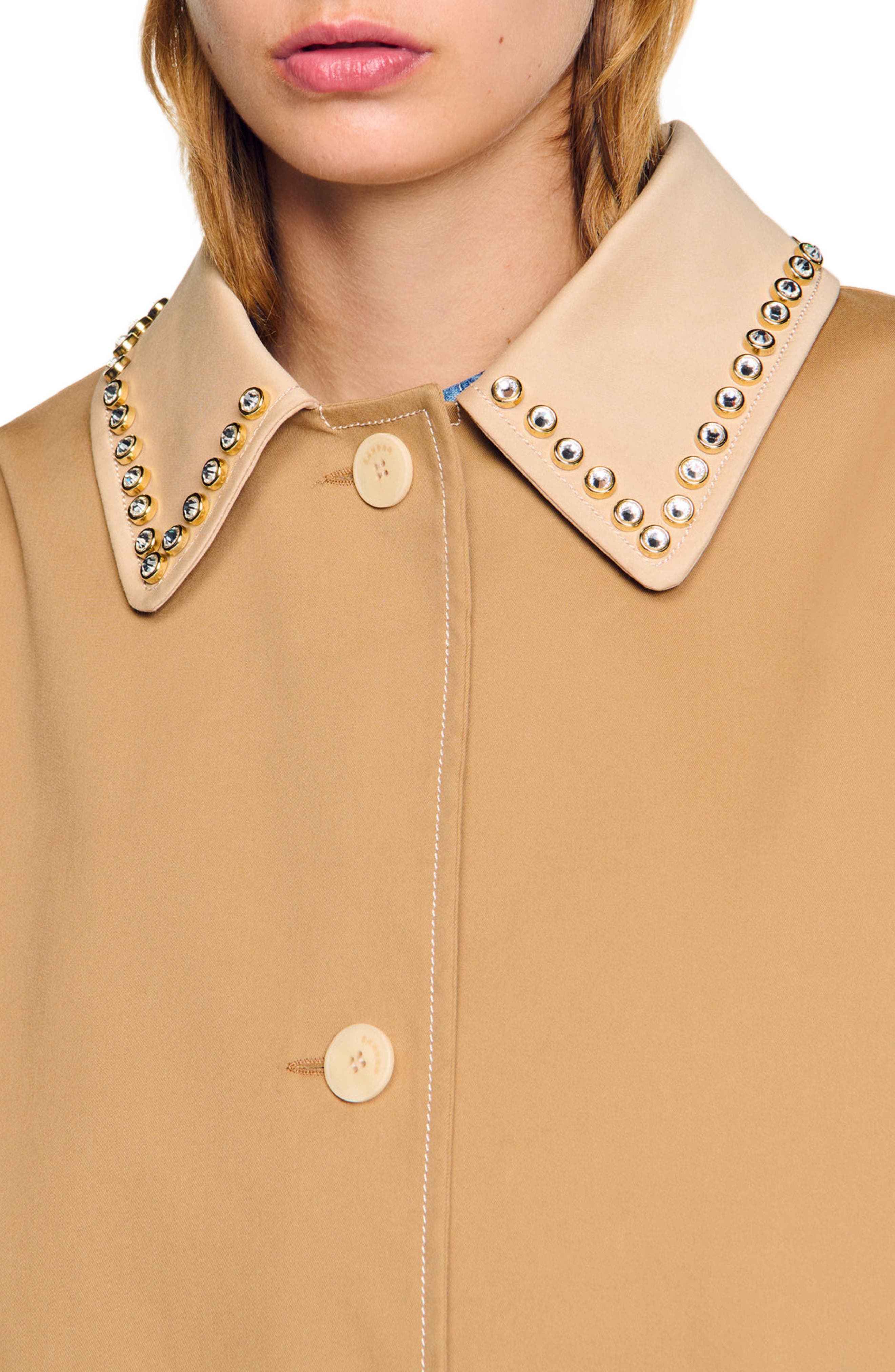 SANDRO Trench coat with rhinestone collar in Camel at Nordstrom - 4