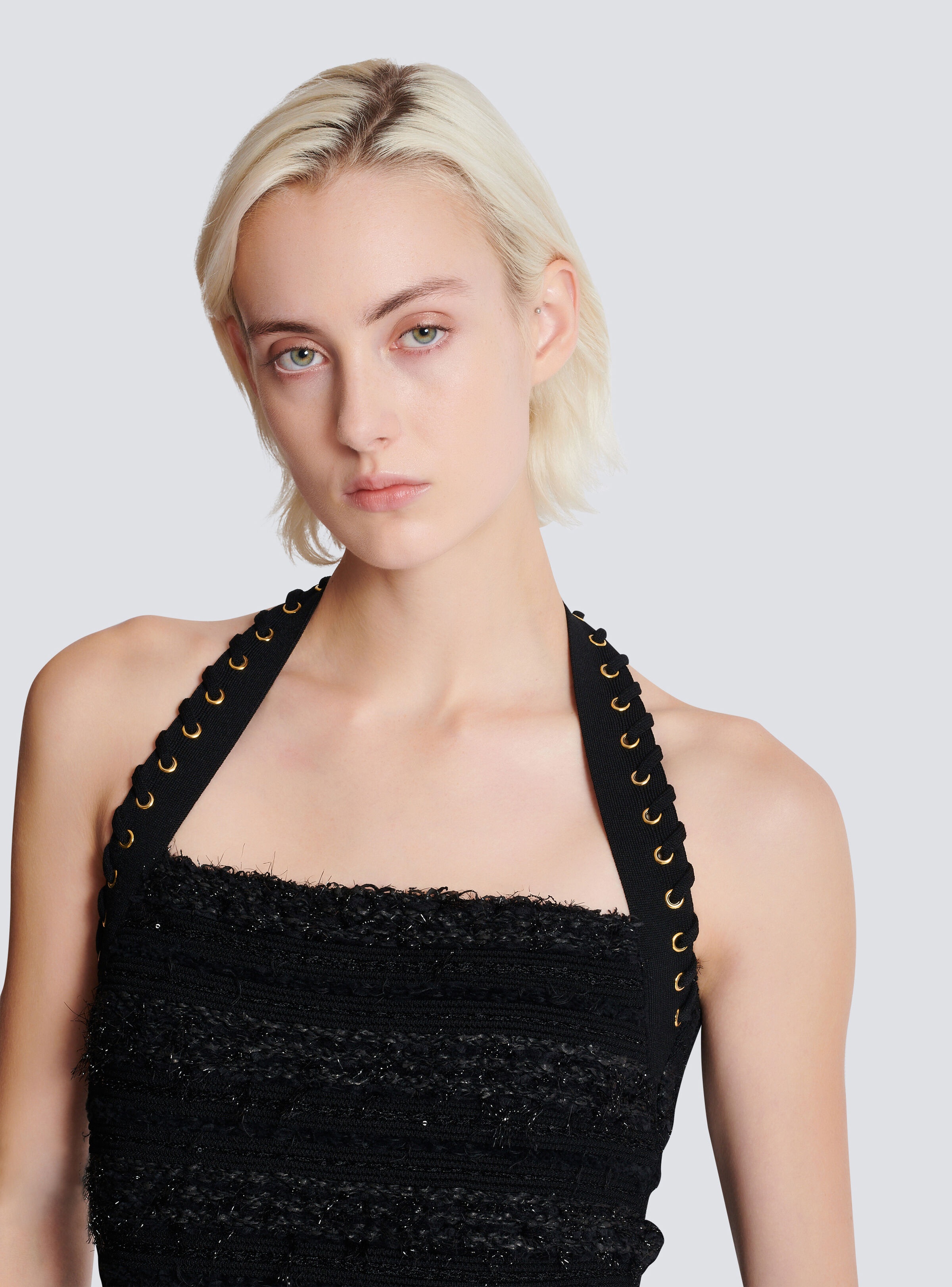 Halterneck top in tweed-effect knit - 8