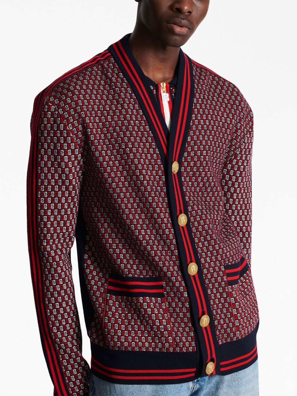 monogram-print checked wool cardigan - 6