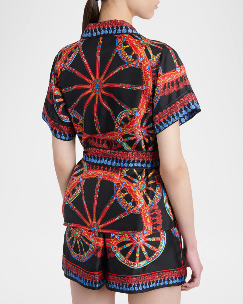 Short-Sleeve Carretto-Print Silk Twill Belted Pajama Shirt 3