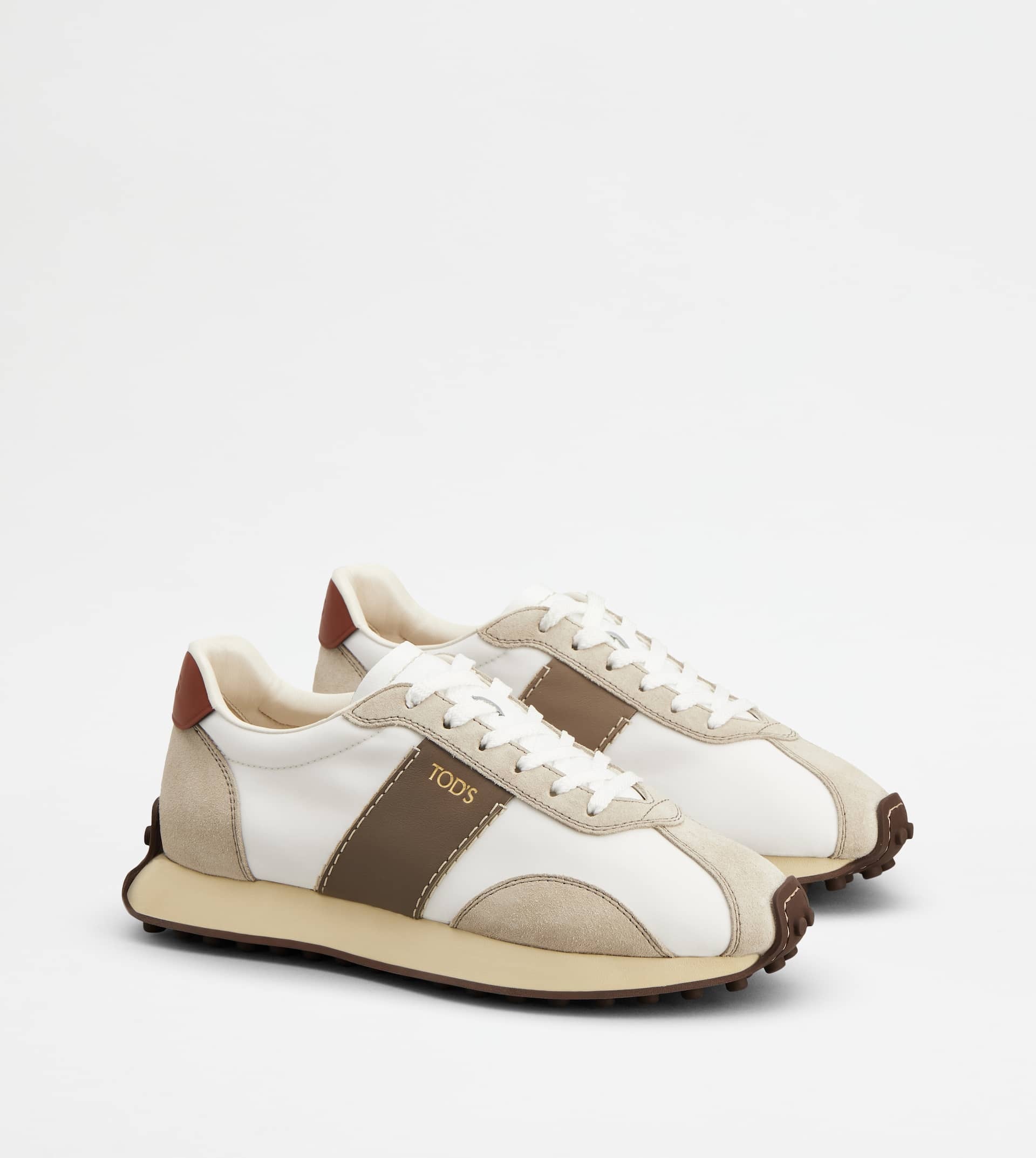 SNEAKERS IN LEATHER AND TECHNICAL FABRIC - BEIGE, BROWN, WHITE - 2